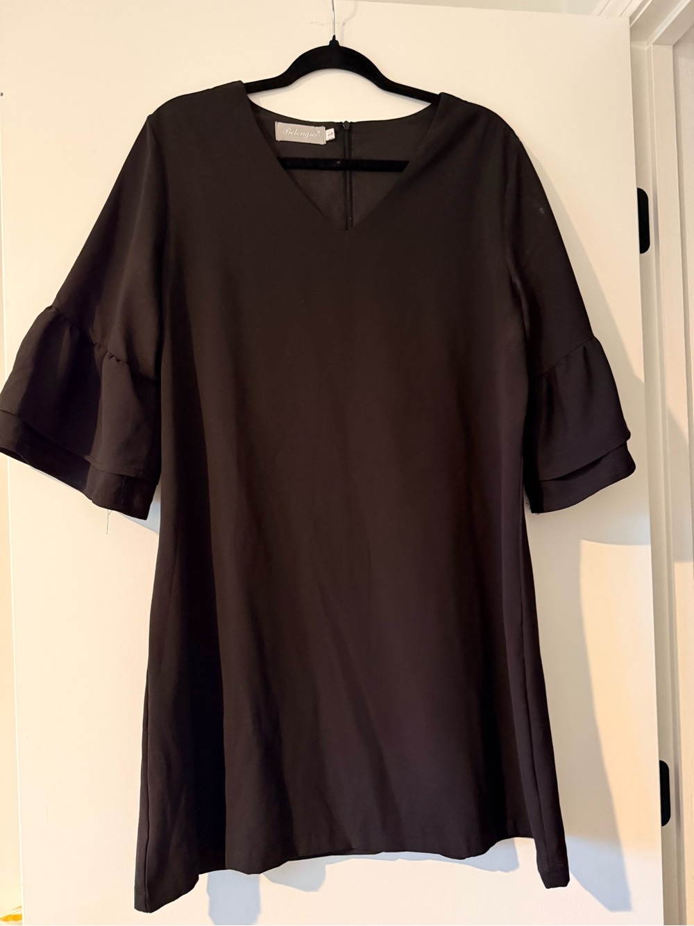 Women's Black Midi Dress with Ruffled Elbow Sleeves